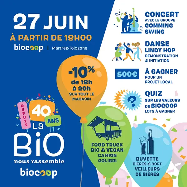 Le 27 juin à partir de 18h venez fêter les 40 ans du réseau Biocoop à Martres-Tolosane Le 27 juin à partir de 18h venez fêter les 40 ans du réseau Biocoop à Martres-Tolosane